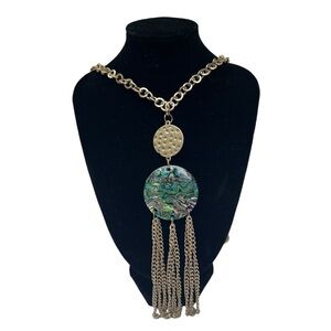 Necklace Gold Chain Green Marble Look Circle W/ Gold Tassels Gypsy Jewelry Boho